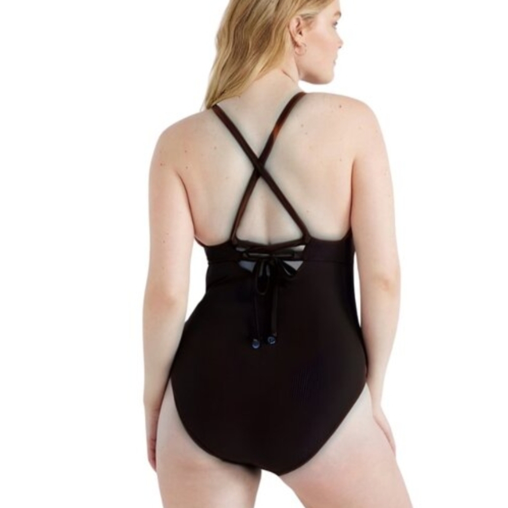 Time & Tru Woman's Ribbed One Piece Plunge Adjustable Halter Swimsuit, XL - Picture 12 of 13